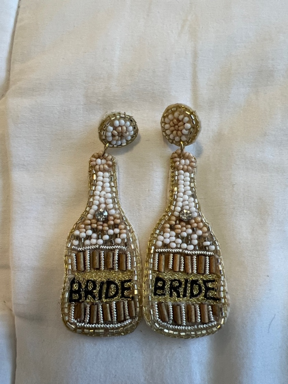 Beaded Champagne Bottle 'BRIDE' Drop Earrings - Gold & White